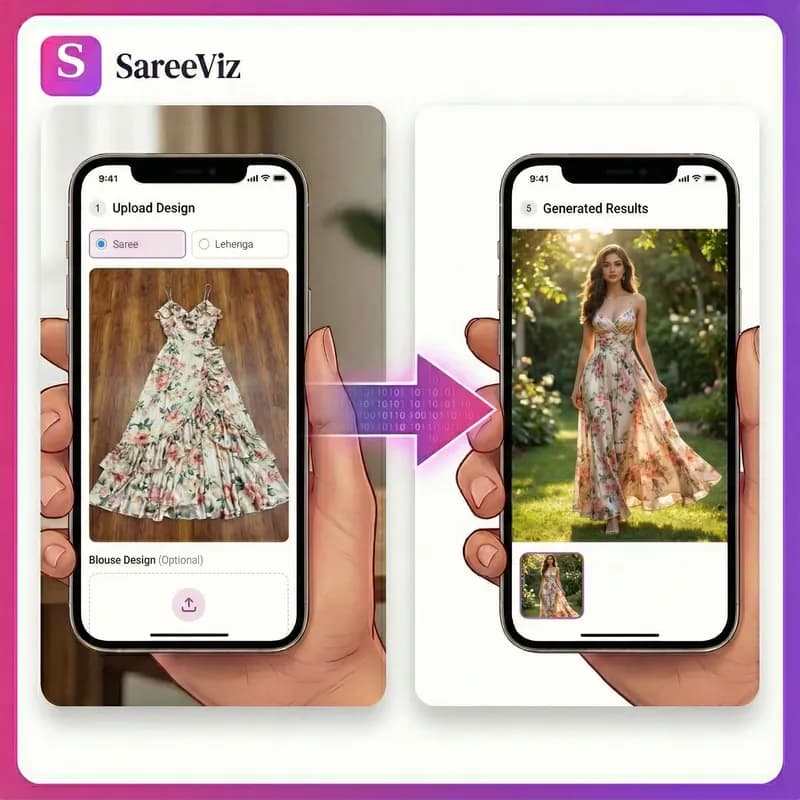 SareeViz app showing how a saree design turns into a model image